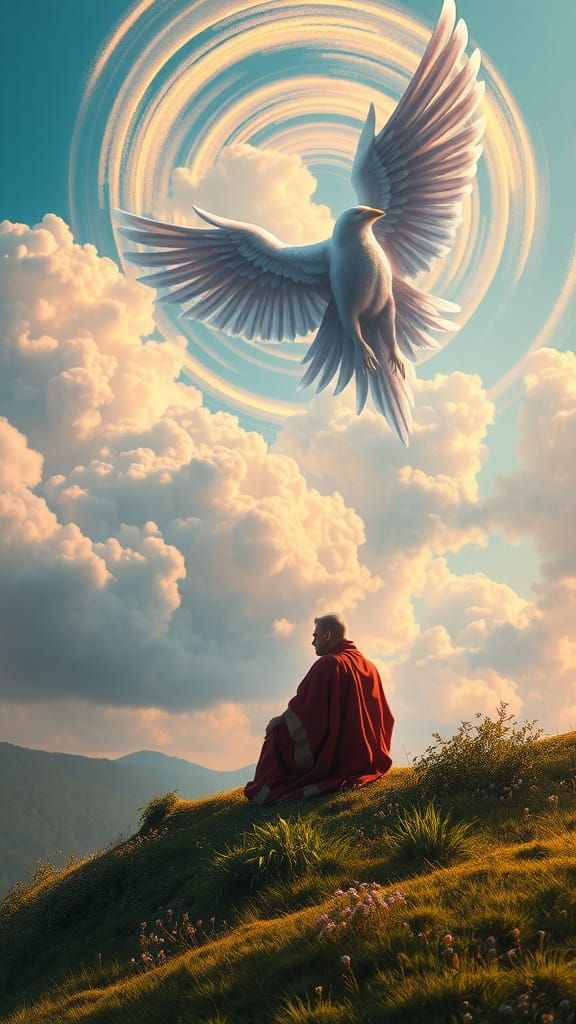 Serene Lord and Dream Scraper in Fantasy Landscape