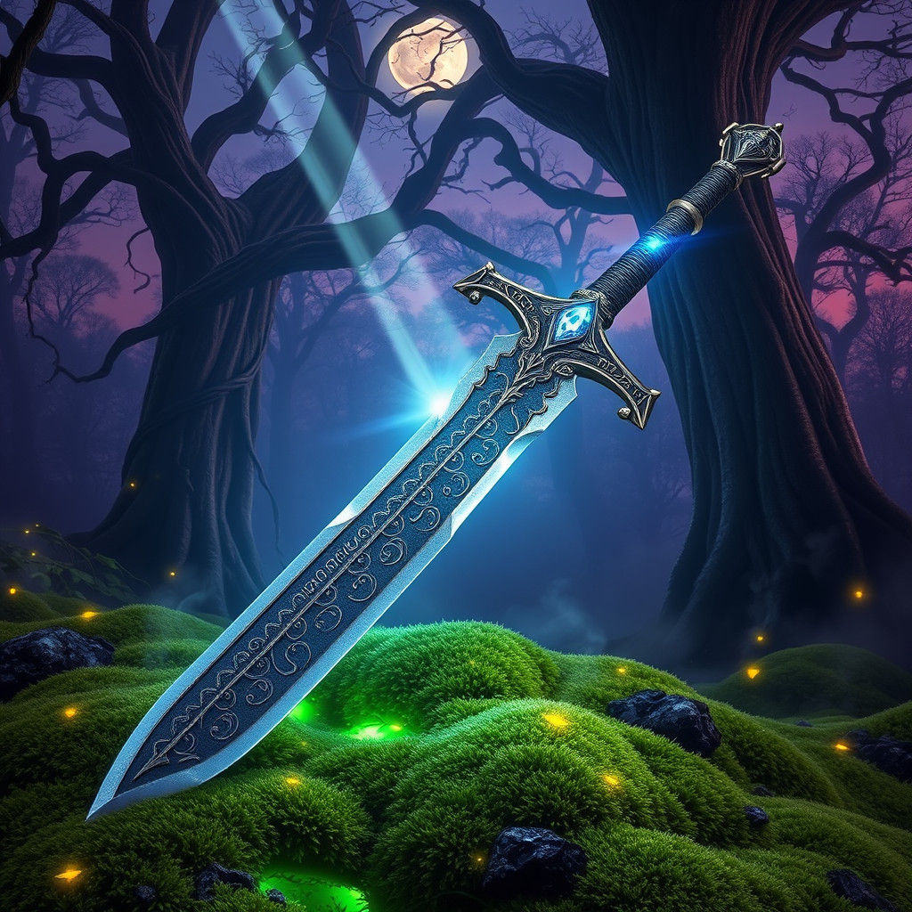 Enchanted Sword on Glowing Moss in Mystical Forest