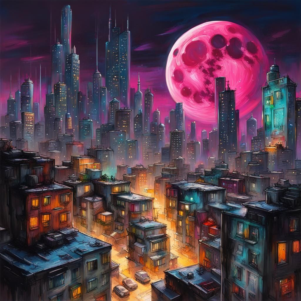 Cyberpunk Cityscape Under Full Moon