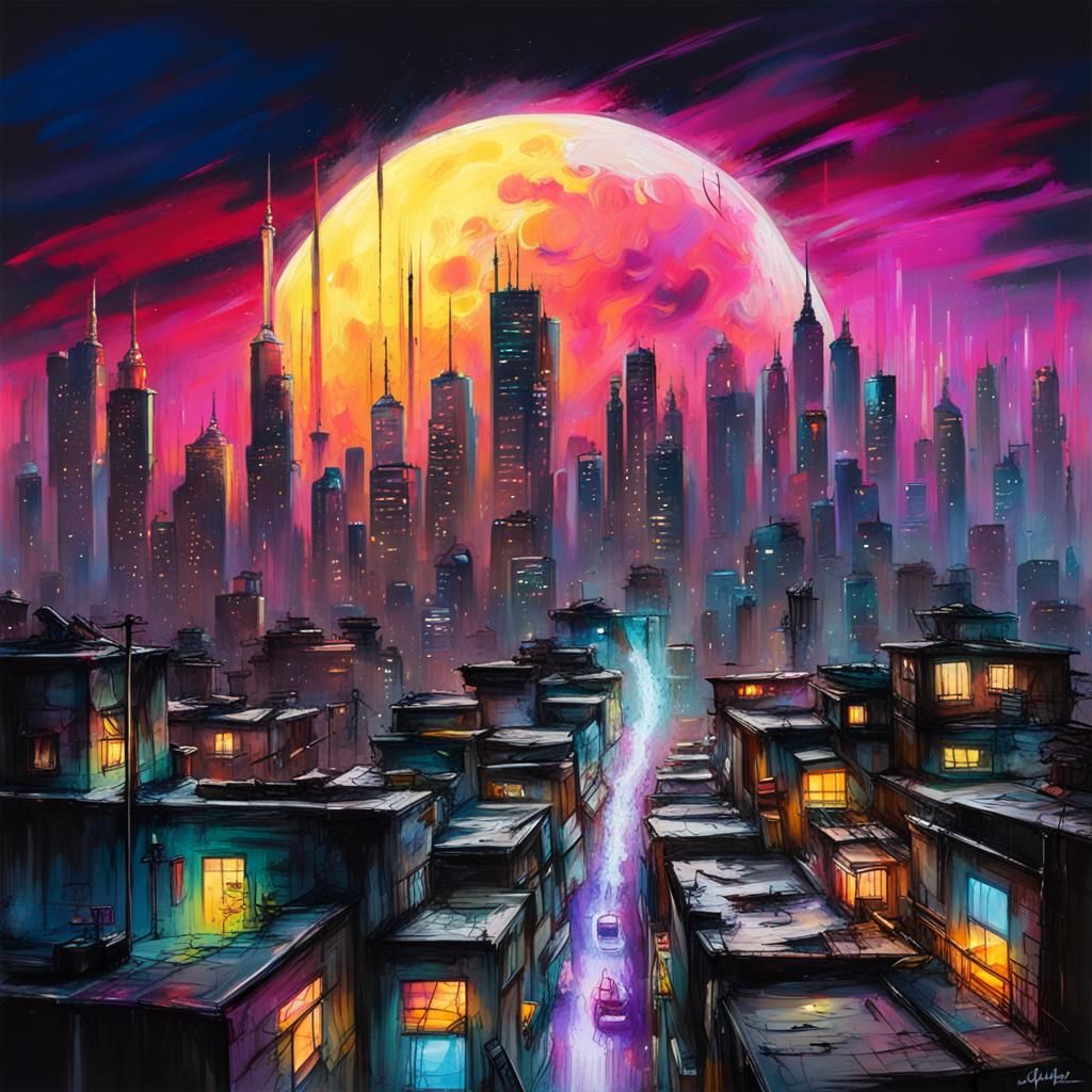 Cyberpunk City Full Moon Graffiti Art