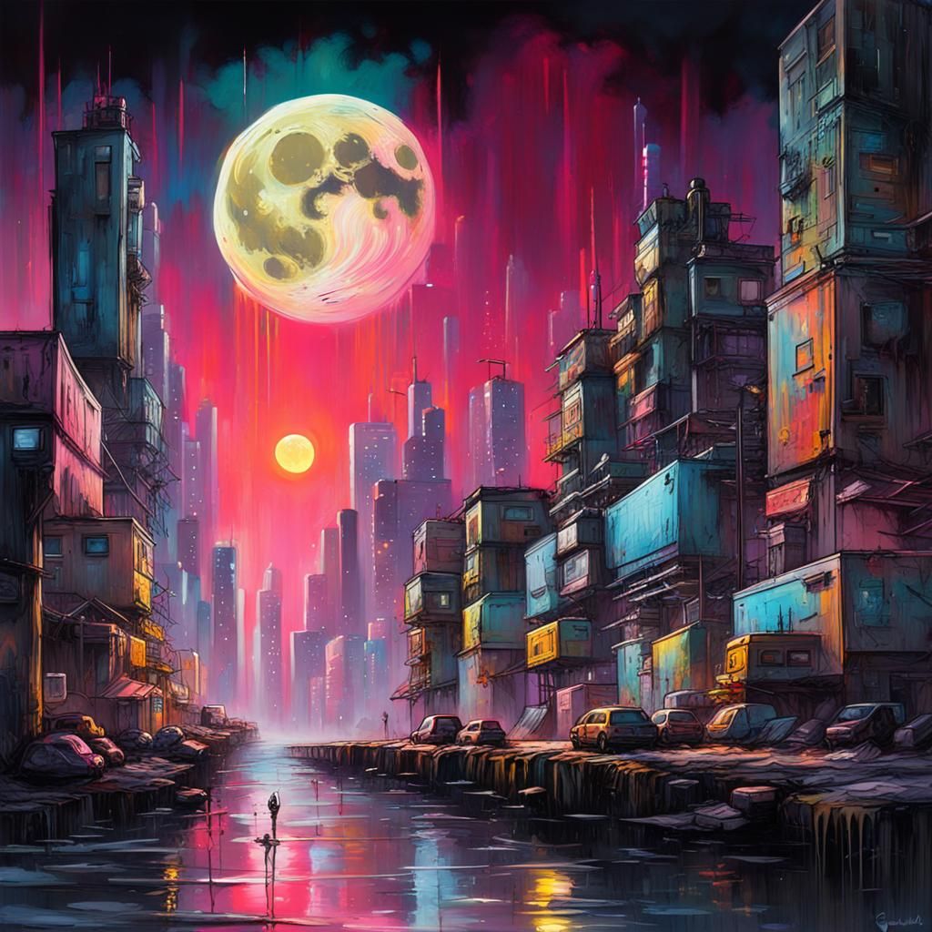 Cyberpunk City Under Moon in Graffiti Art Style