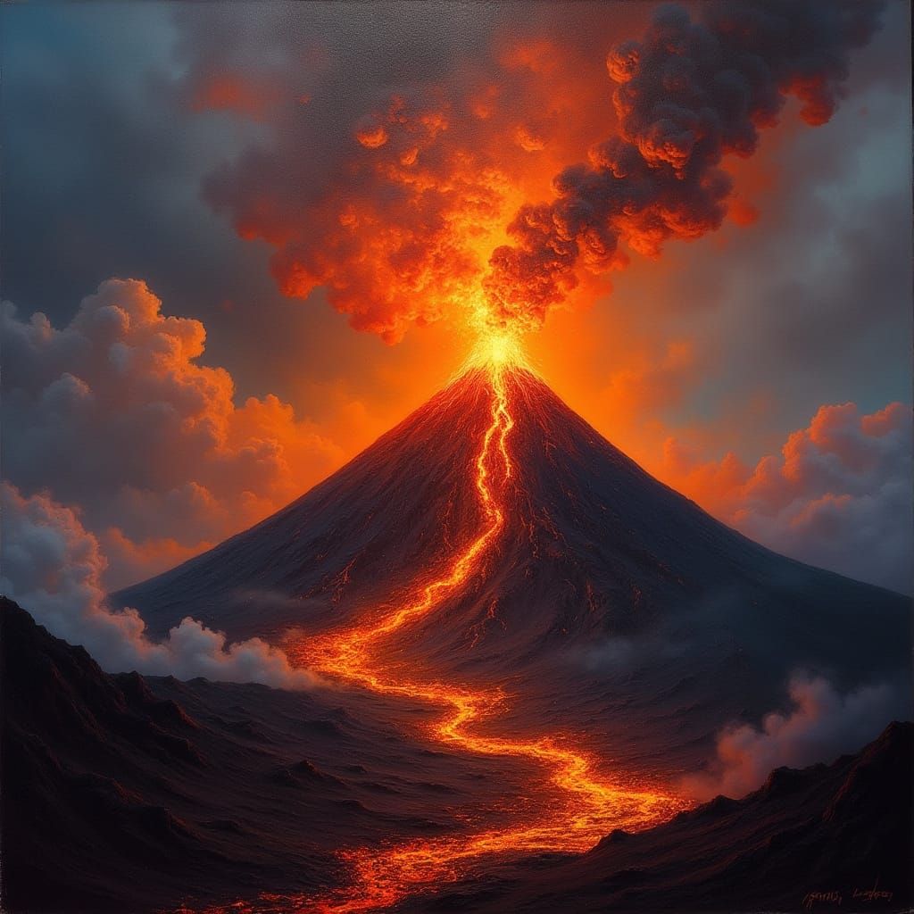 Majestic Volcano Erupting in Dramatic Oil Painting Style