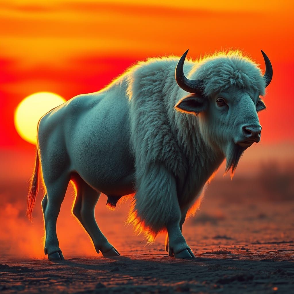 Ethereal White Buffalo Against Fiery Sunset