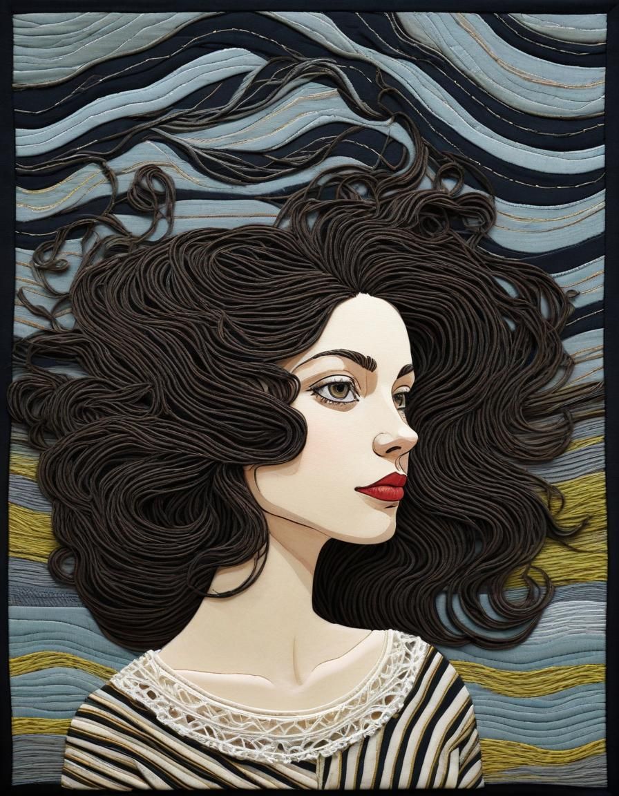 Whimsical Striped Portrait in Textile Art Style