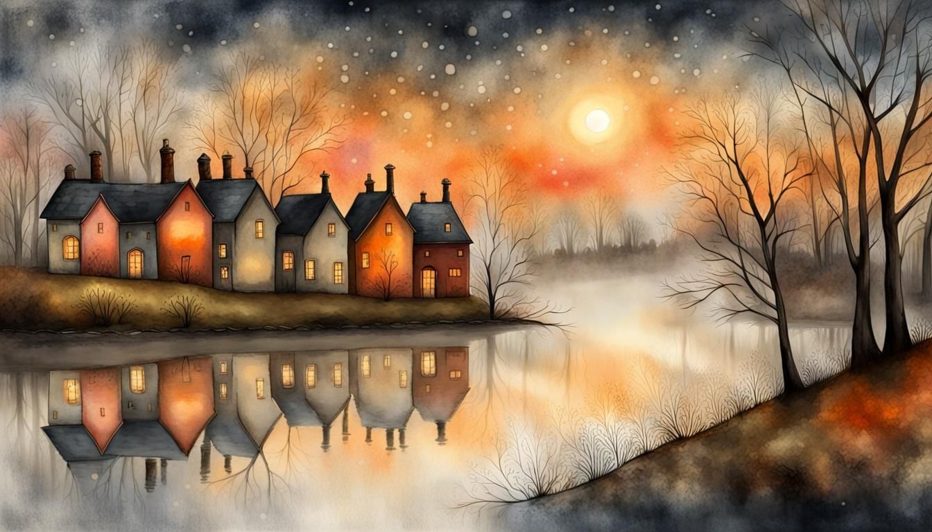 Victorian Village under Starlight with Serene River Landscap...