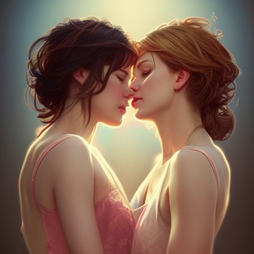 Lesbian Couple Kissing in Rose Meadow, Art Nouveau Style