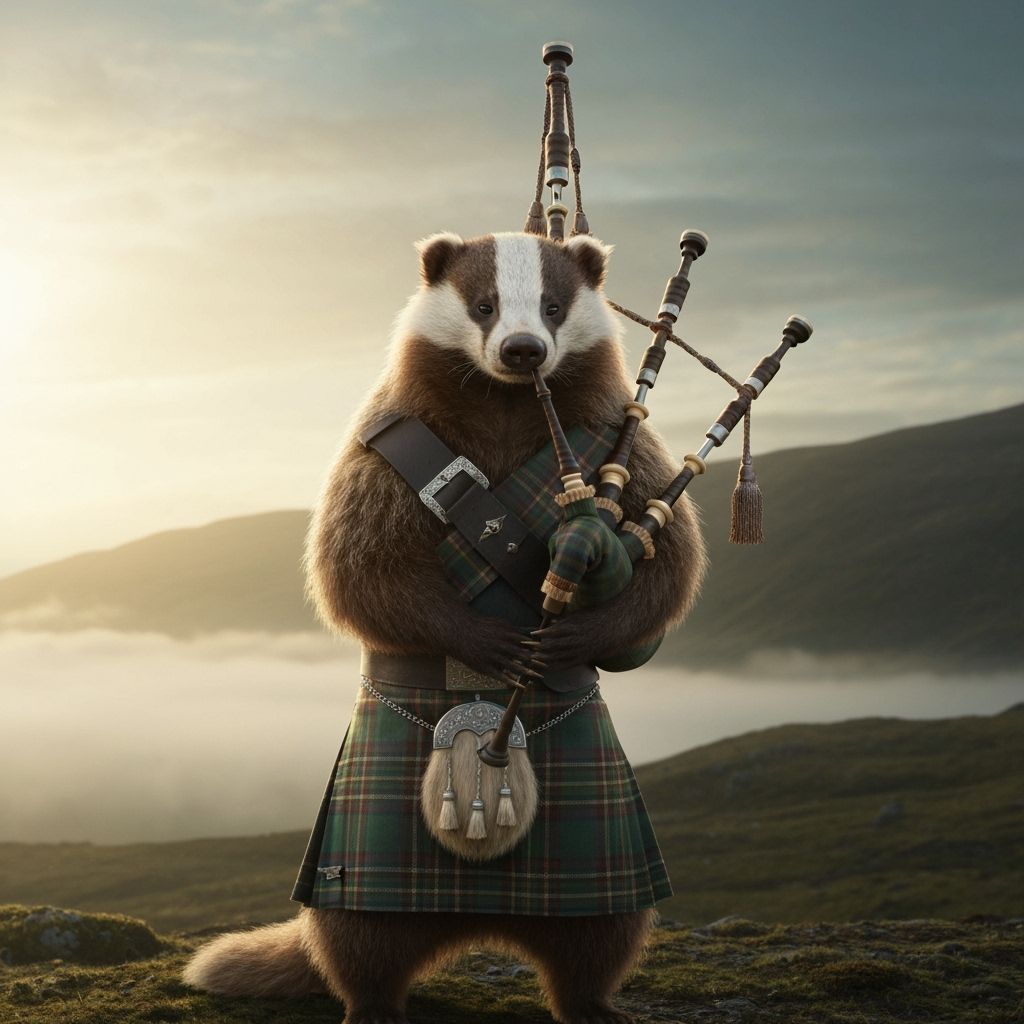 Badger Plays Bagpipes in Misty Scottish Highlands