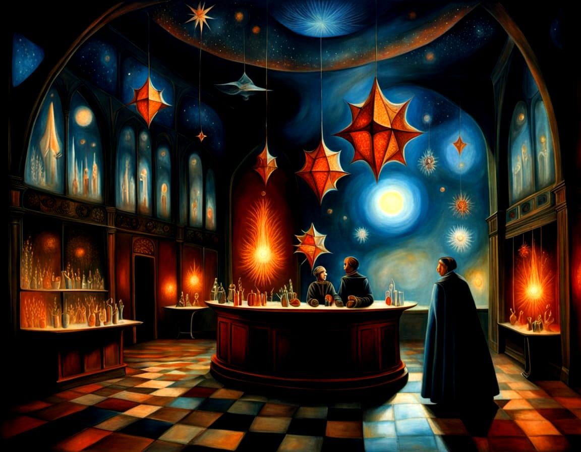 Enchanting Medieval Tavern with Cosmic Tree Structure