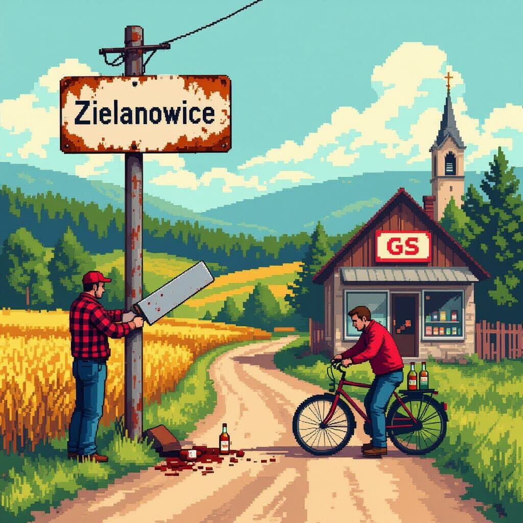 Humorous Pixel-Art: Polish Countryside, 1990s