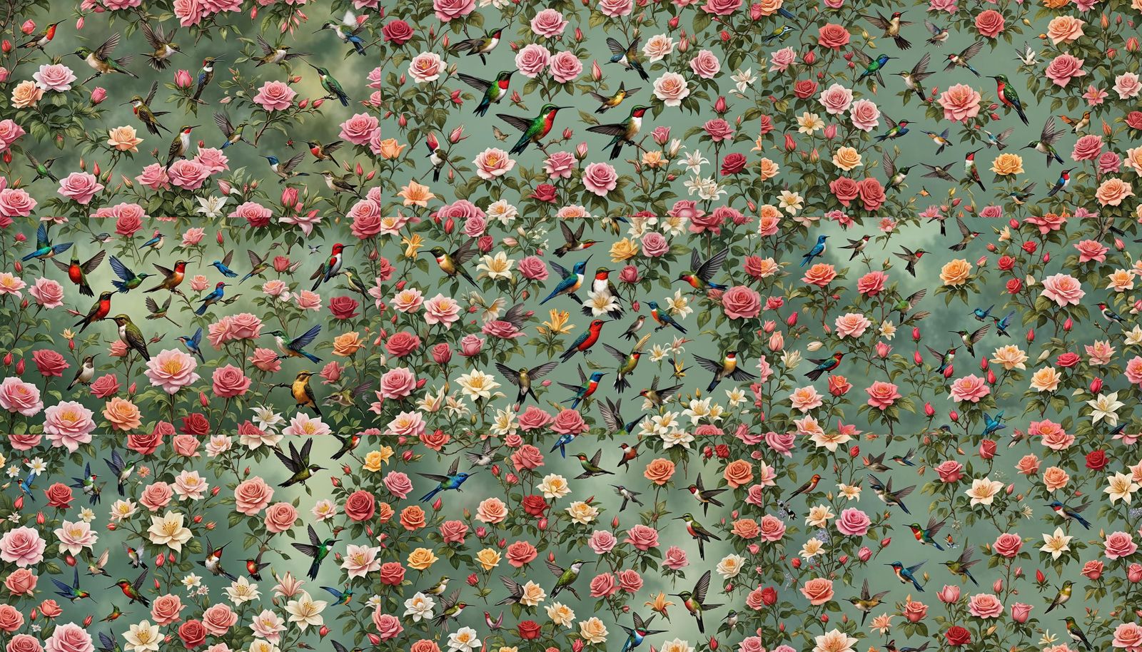 Lakeside Mountain Scene with Songbirds and Roses