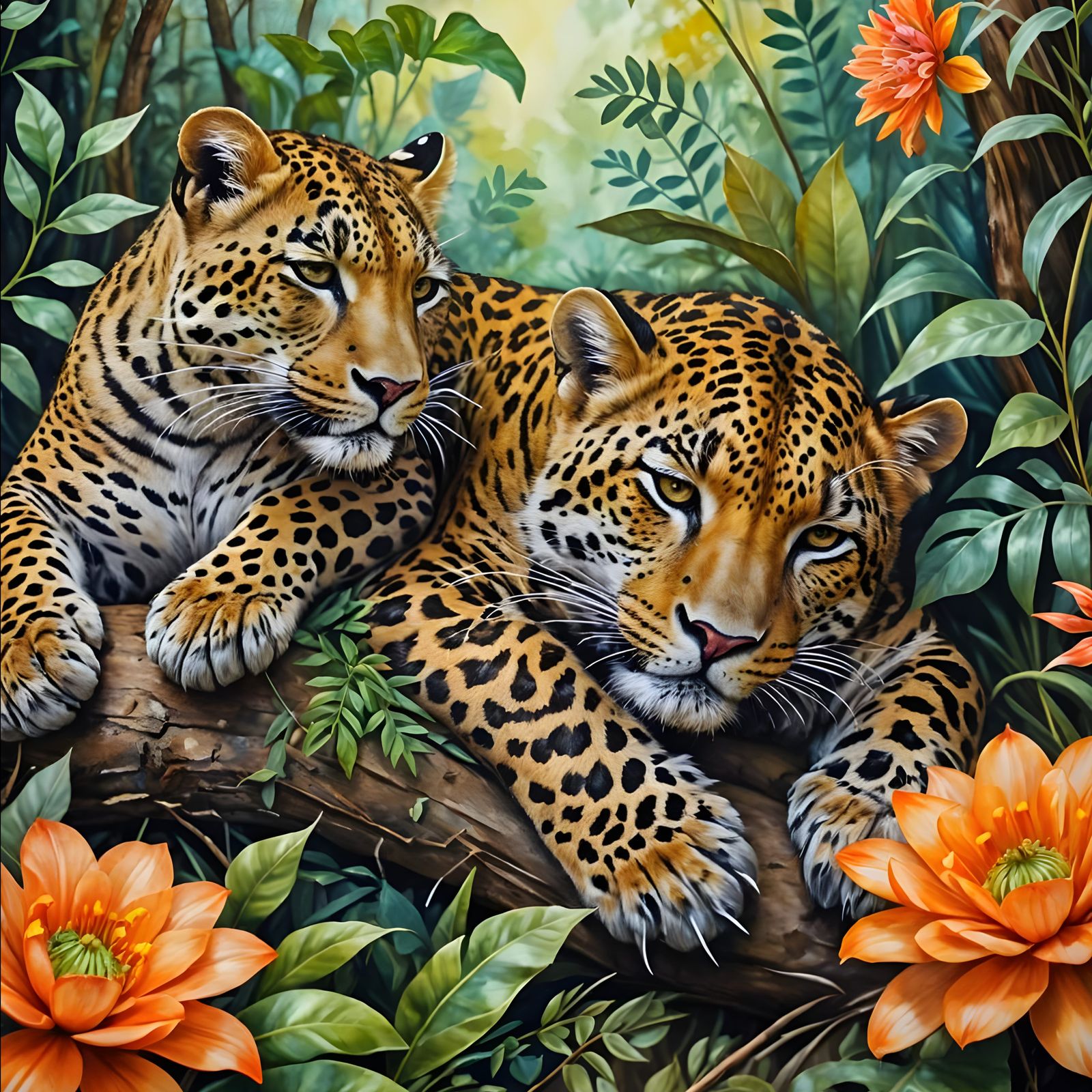 Leopard and Cub in Jungle Watercolor Painting