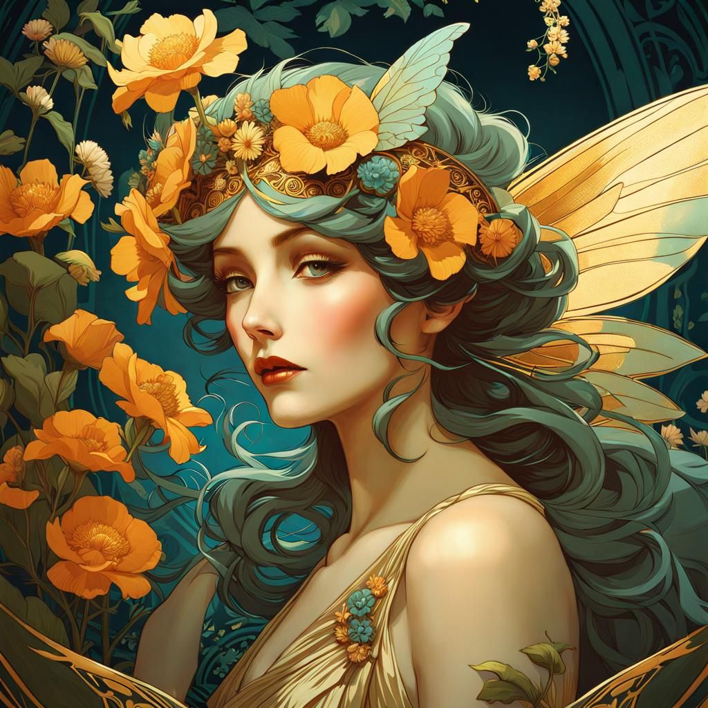 Art Deco Faery Poster with Floral Wings