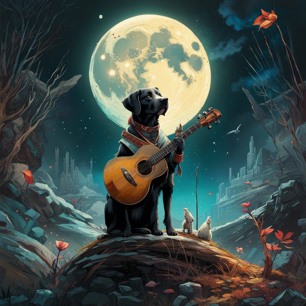 Dog Musician with Moon, Digital Painting