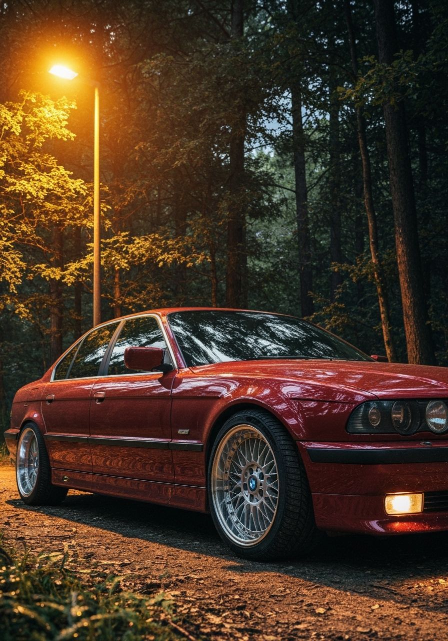 Maroon BMW E38 in Forest Night