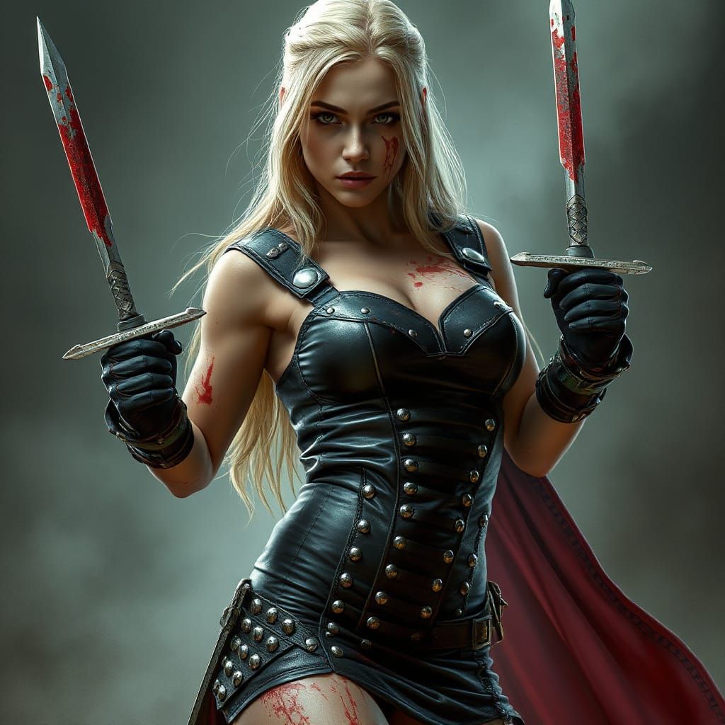 Bruised Warrior Goddess in Crimson Armor