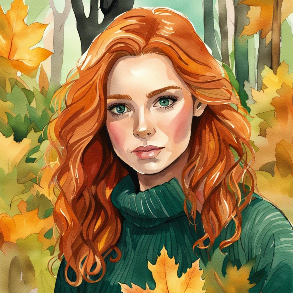 Watercolor Autumn Portrait of Woman with Ginger Hair