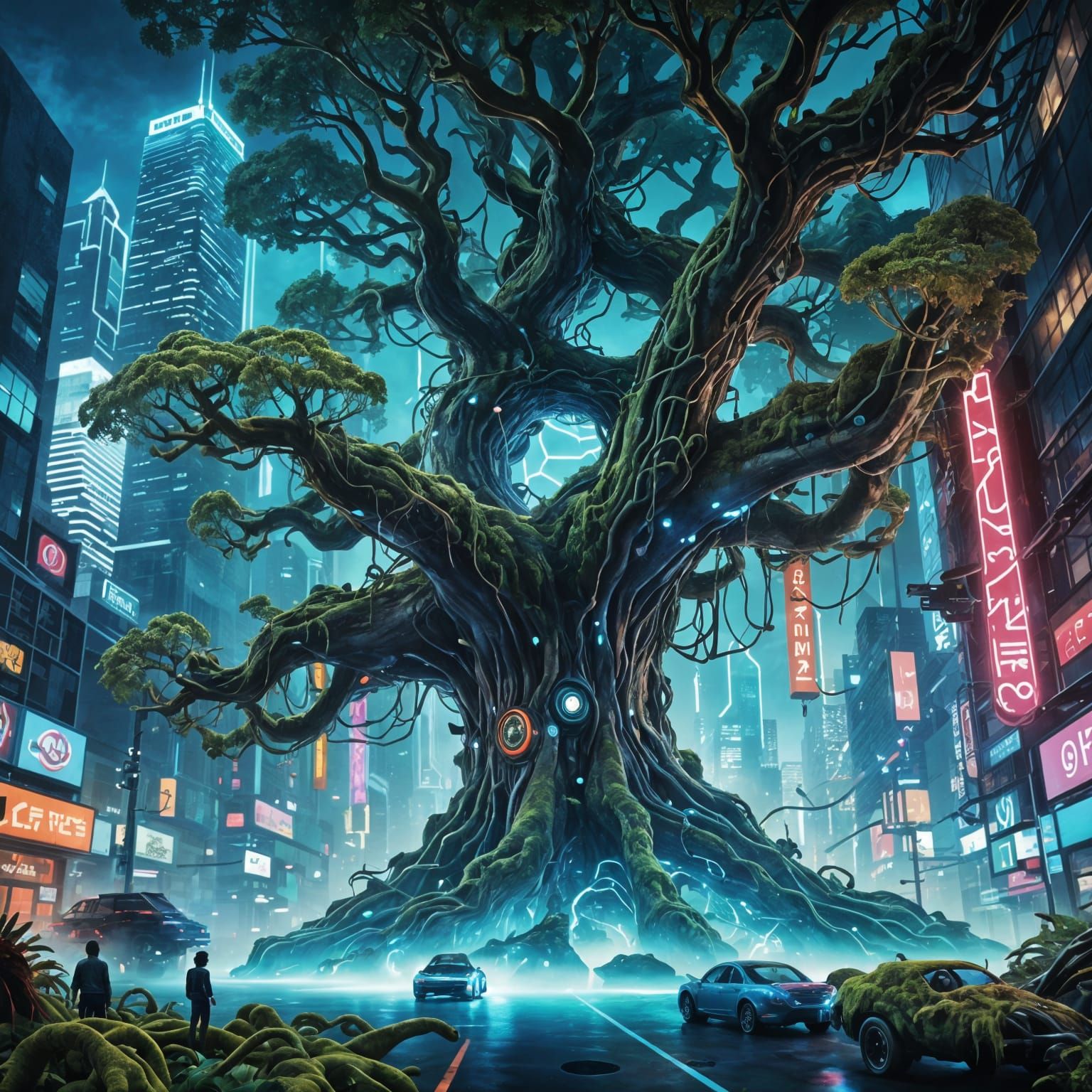 Surreal Tree of Life in Neon Cityscape