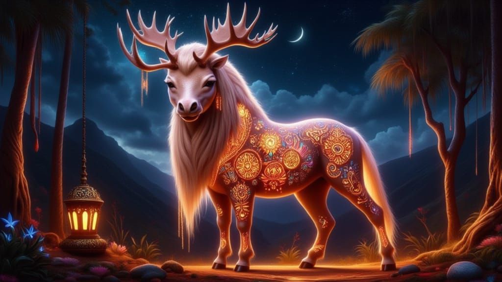 Bioluminescent Hybrid Creature: Reindeer, Llama, Camel & Zeb...