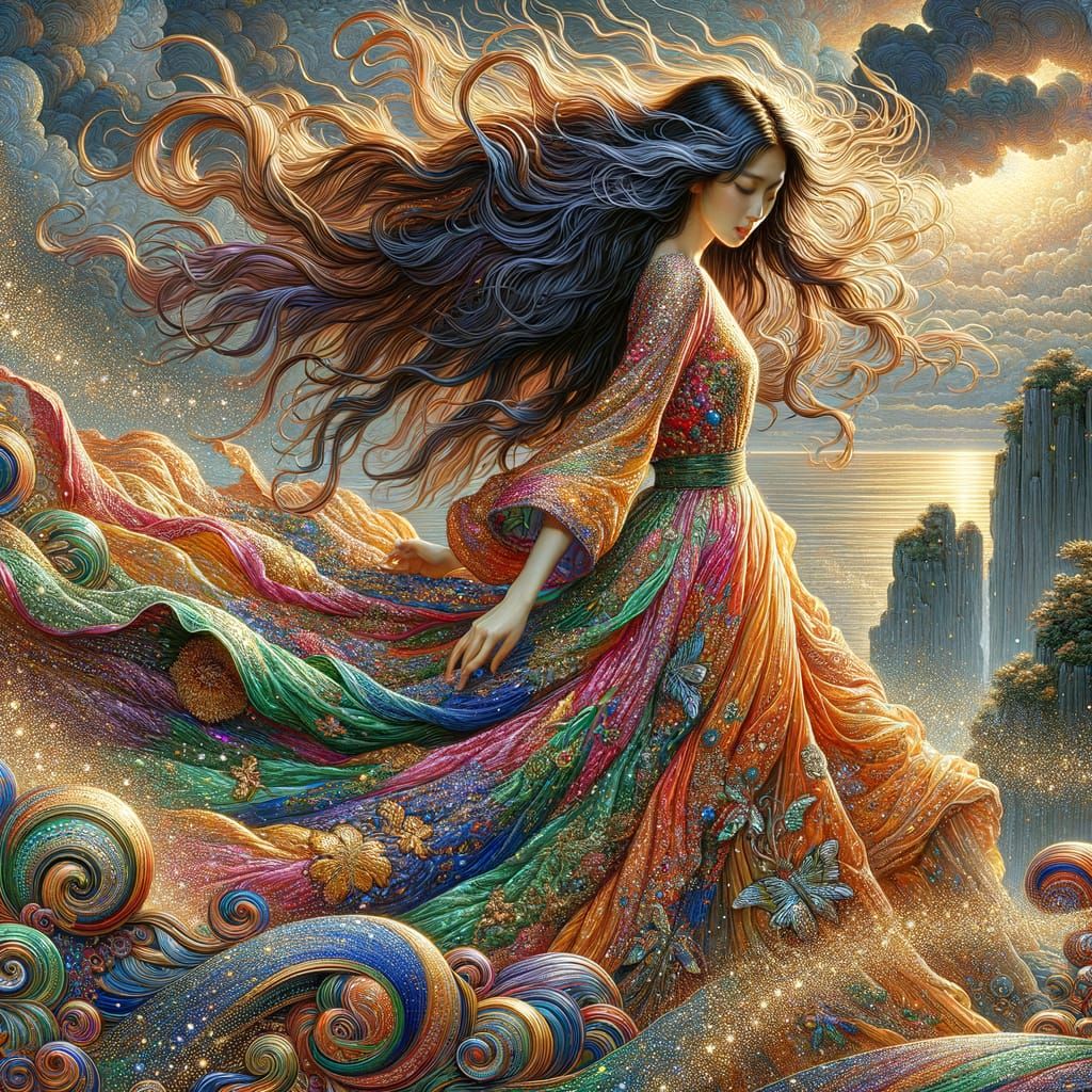 South Asian Woman on Cliff in Romantic Style