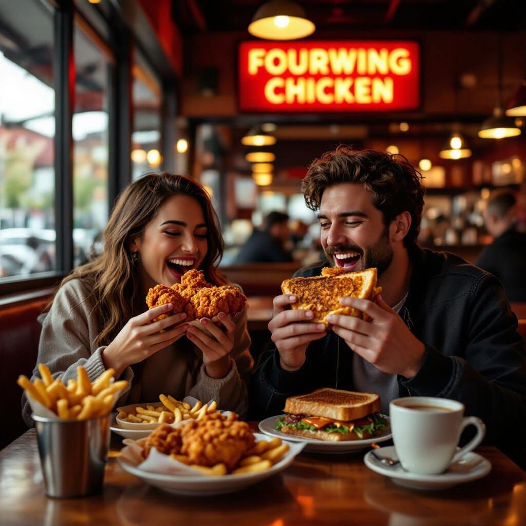 Couple Enjoys Fried Chicken And Grilled Cheese In Cozy Resta...