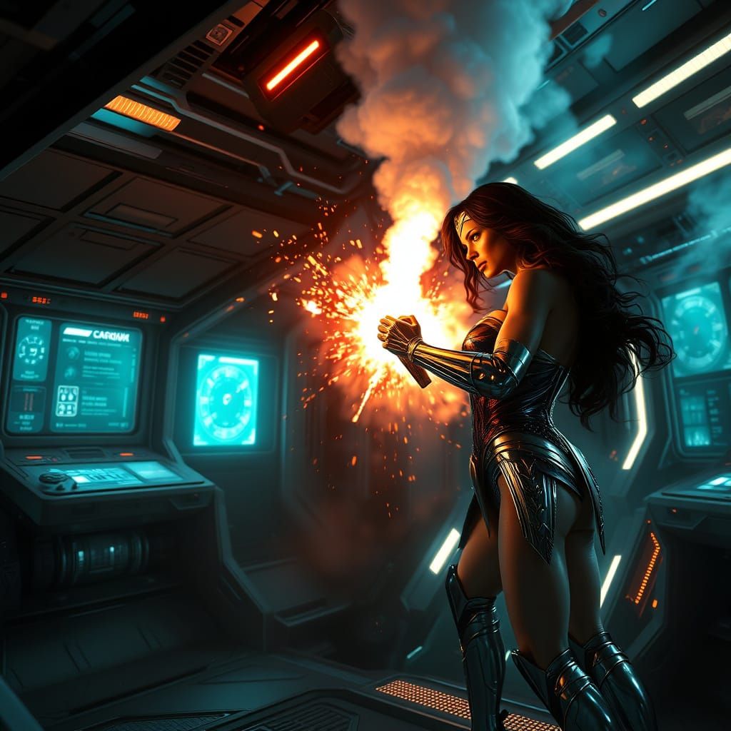 Wonder Woman Disarms Power Core in Futuristic Space Station