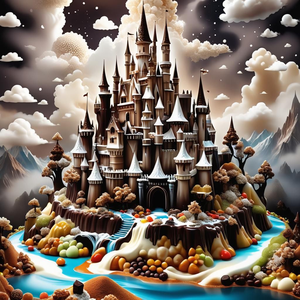 Sweet Fantasy Castle with Chocolate River, HDR Concept Art