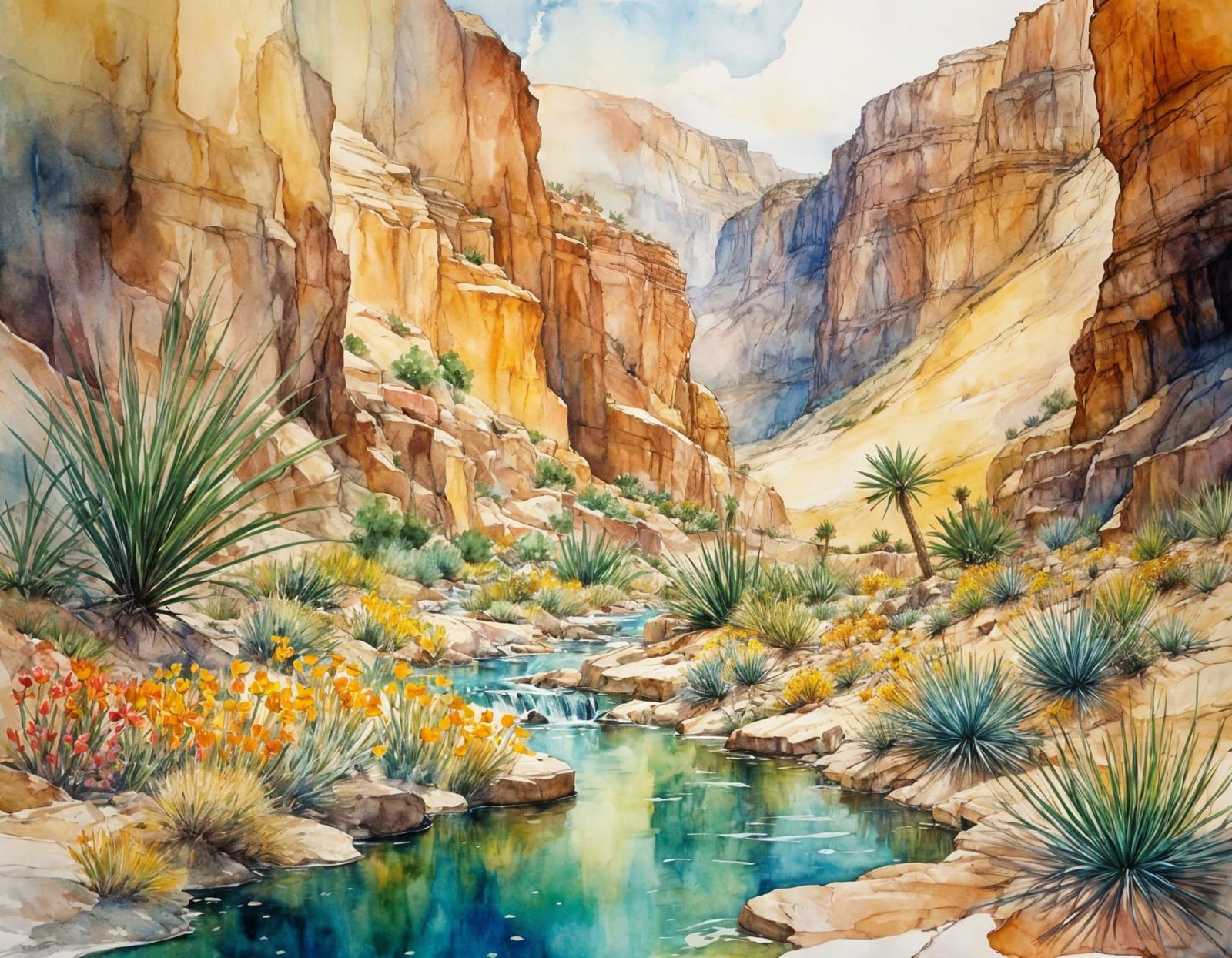 Oasis in Desert Canyon: Stylized Watercolor Painting