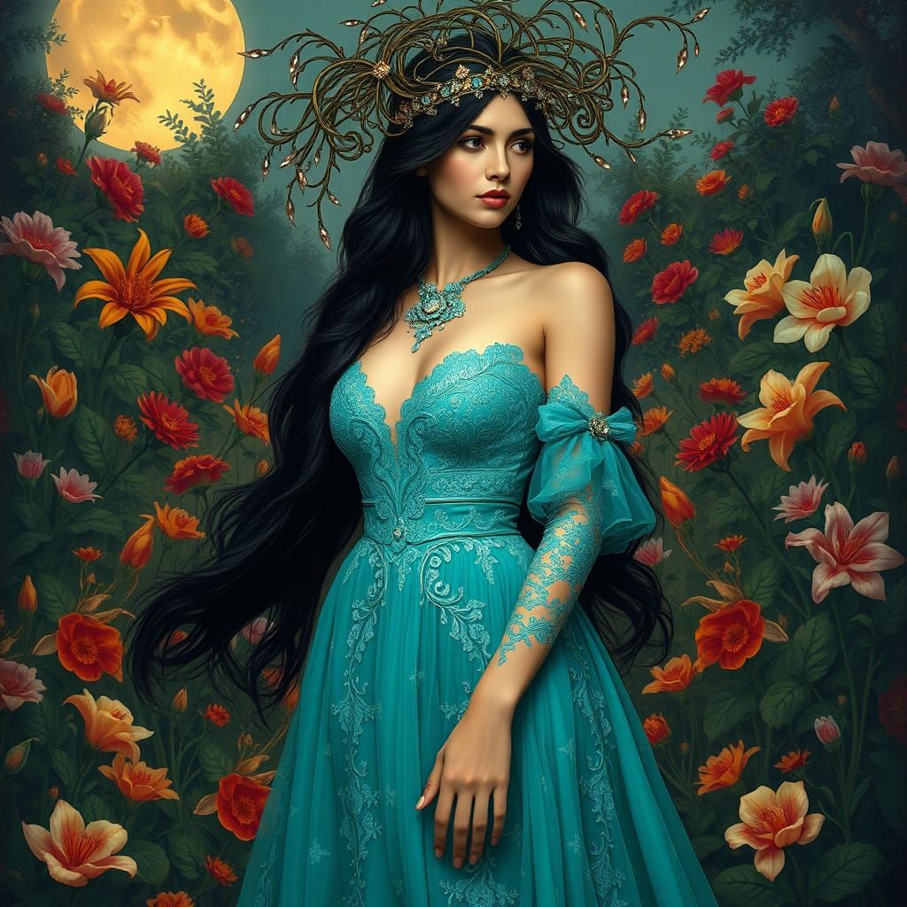 Moonlit Garden Woman in Pre-Raphaelite Style