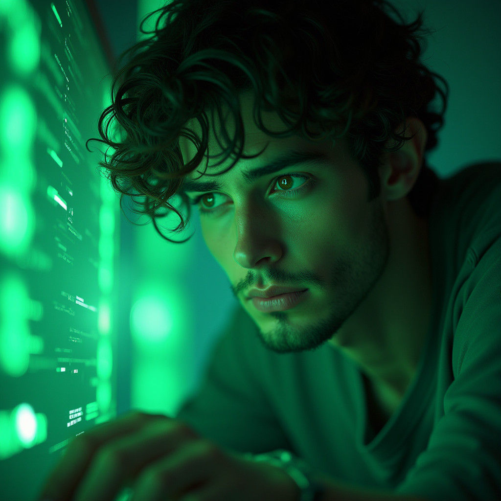 Man Stares into Green Screen in Cyberpunk Style