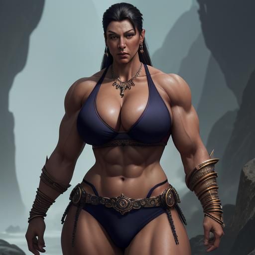 Muscular Woman Flexing Biceps: Detailed Fantasy Art