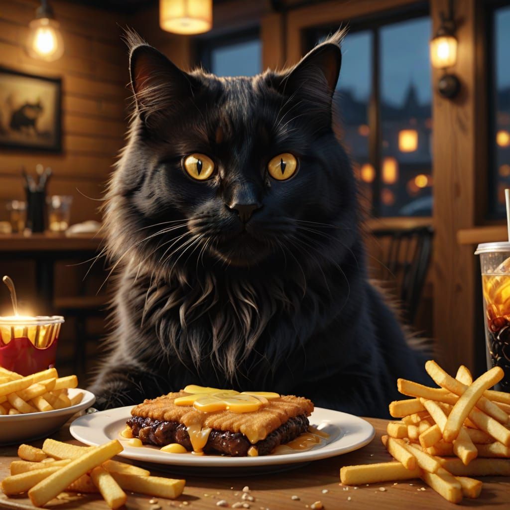 Black Cat Enjoys Schnitzel and Fries: Photorealistic Art