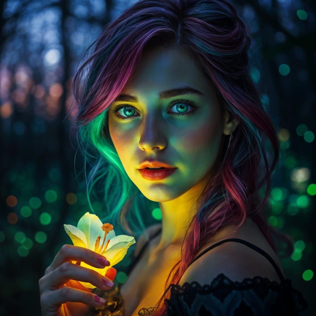 Young Woman in Bioluminescent Forest with Multicolored Hair ...
