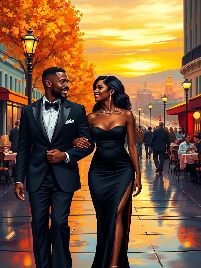 Elegant Couple Strolling Down City Street at Night
