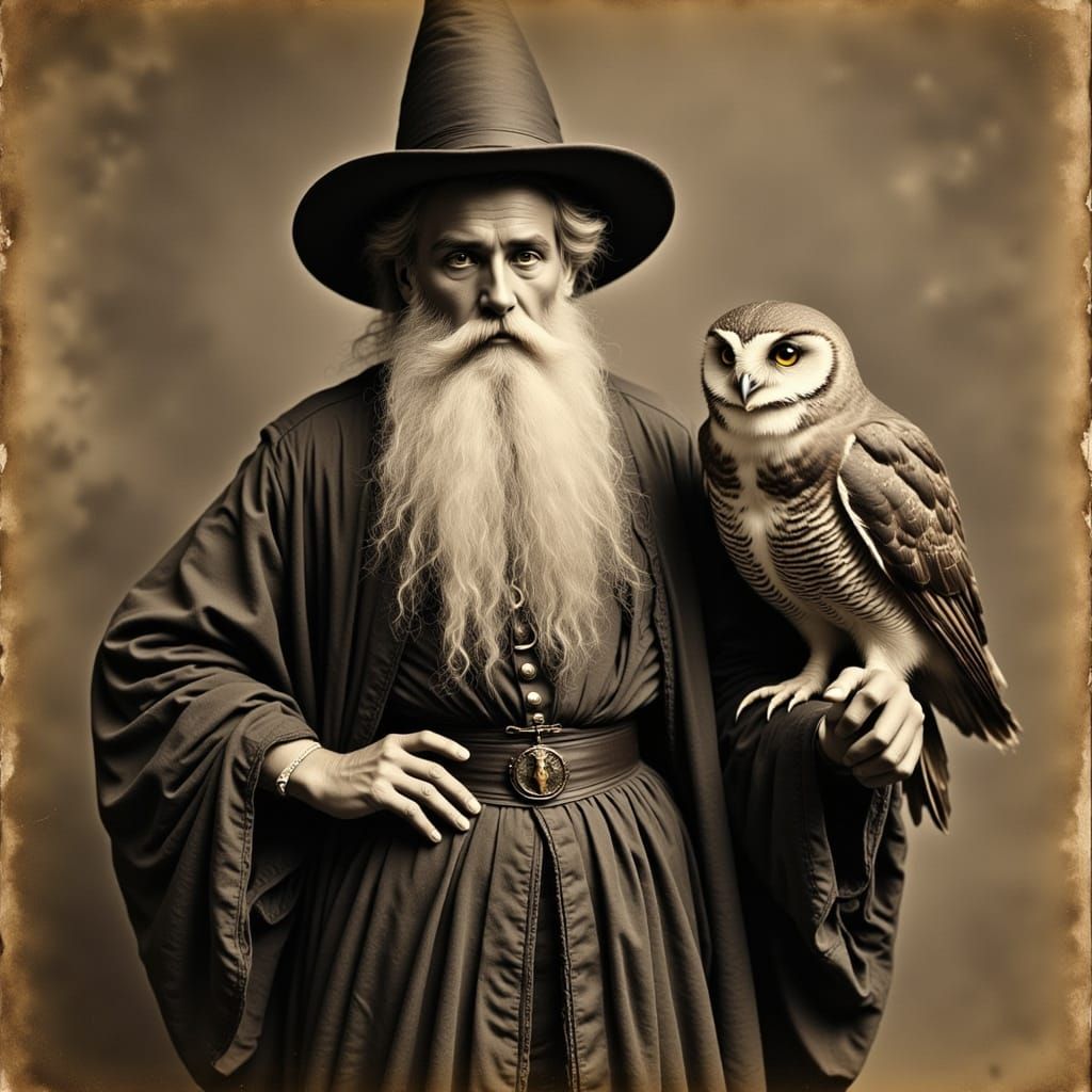 Vintage Wizard Portrait in Pre-Raphaelite Style