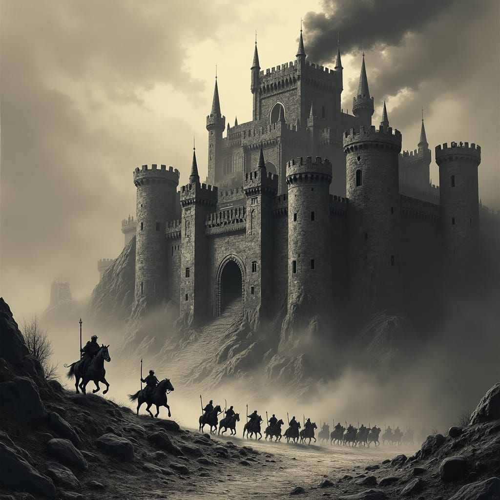 Medieval Castles Under Siege: Dark Fantasy Charcoal Art