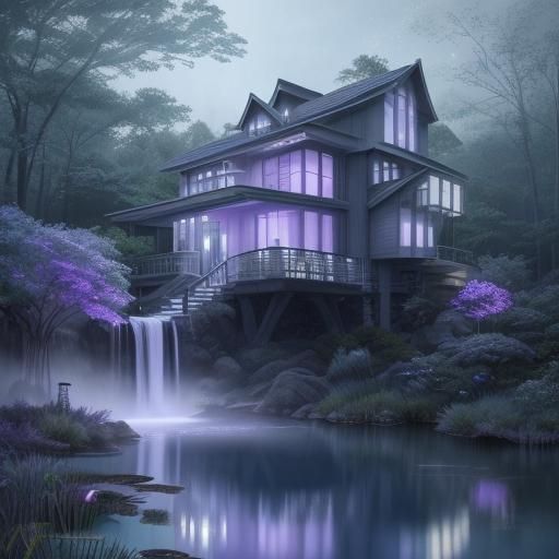 **Main Prompt:** Ethereal House by the Glowing Waterfall Pon...