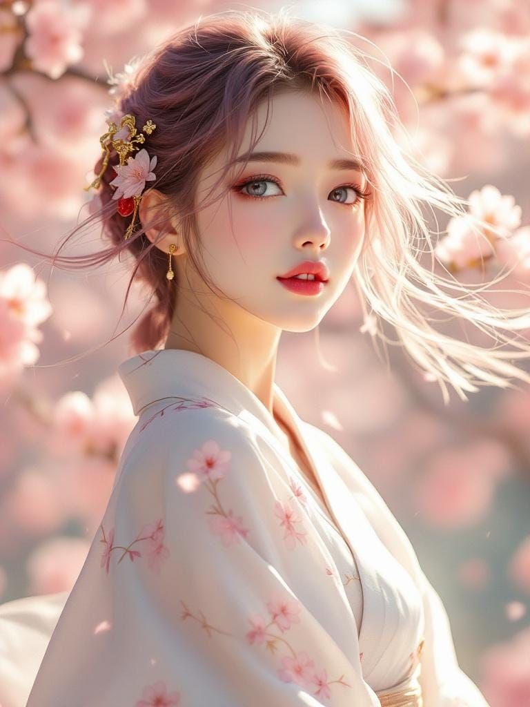 Anime Portrait of Woman in Cherry Blossoms