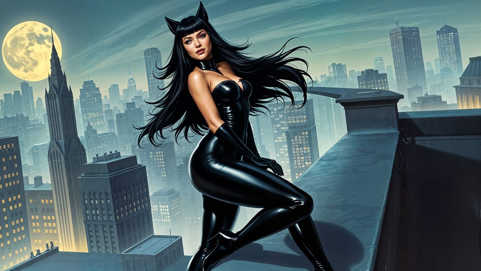 Seductive Catwoman on Gotham Rooftop in Comic Style