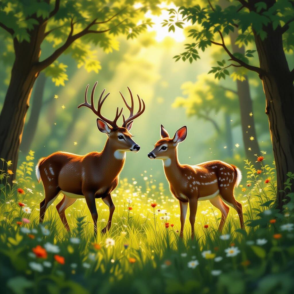 Deer Frolicking in Sun-Dappled Forest Clearing