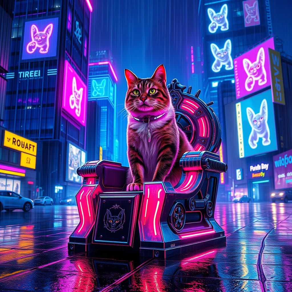 Cyberpunk Feline Emperor Reigns Over Neon Metropolis
