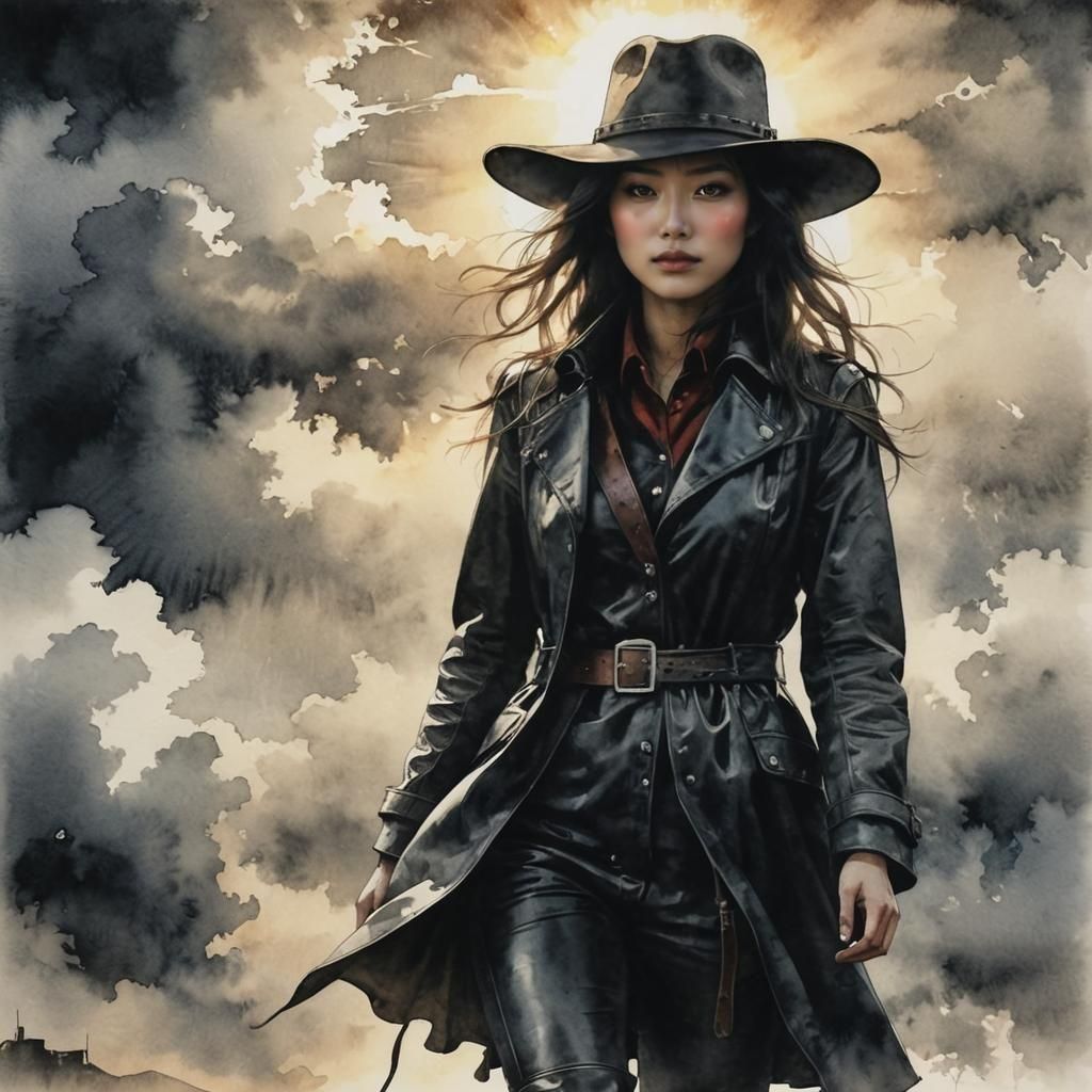 Silhouette of Japanese Woman in Surreal Watercolor