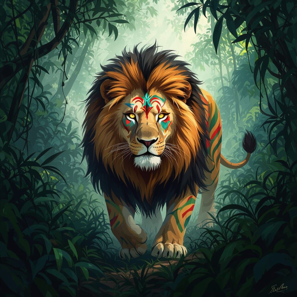 Lion with Tribal Markings in Fantasy Art Style