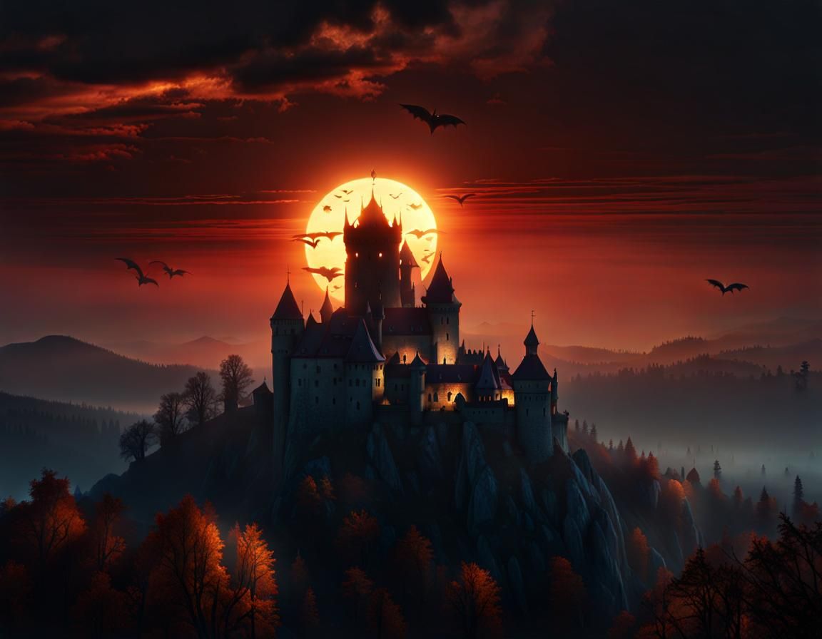 Dracula's Castle Sunset: Epic Dark Fantasy Art