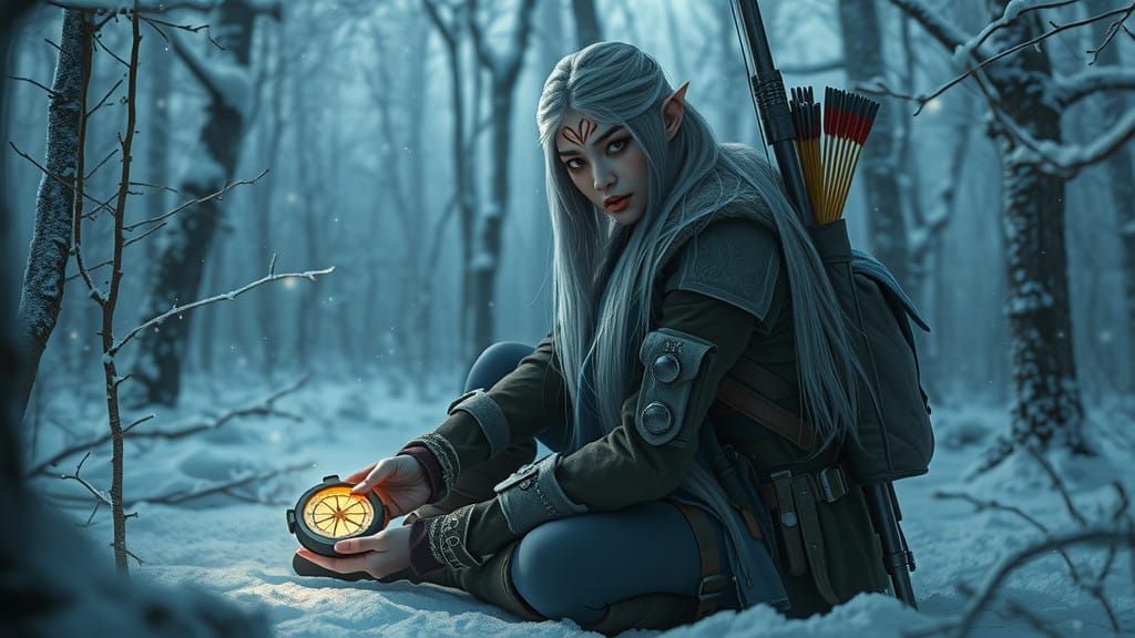 Ethereal Asian Elf Huntress in Frosty, Mystical Forest