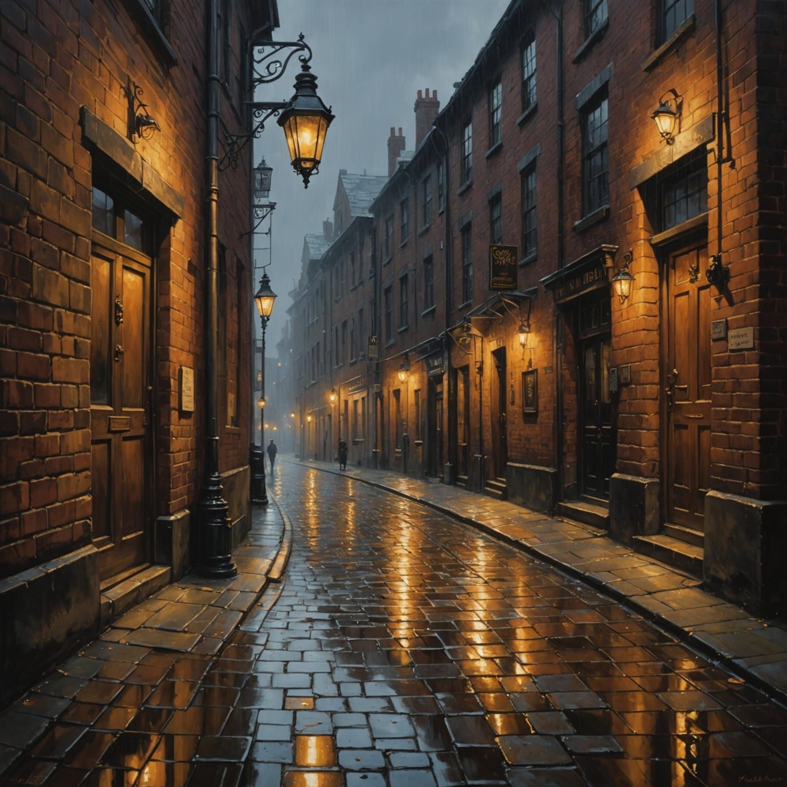 Melancholic Alley Reflection in Amber Gaslight