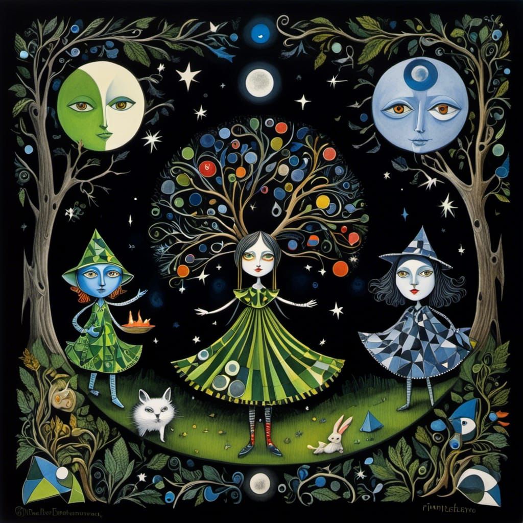 Whimsical Cubist Witches in Forest Clearing