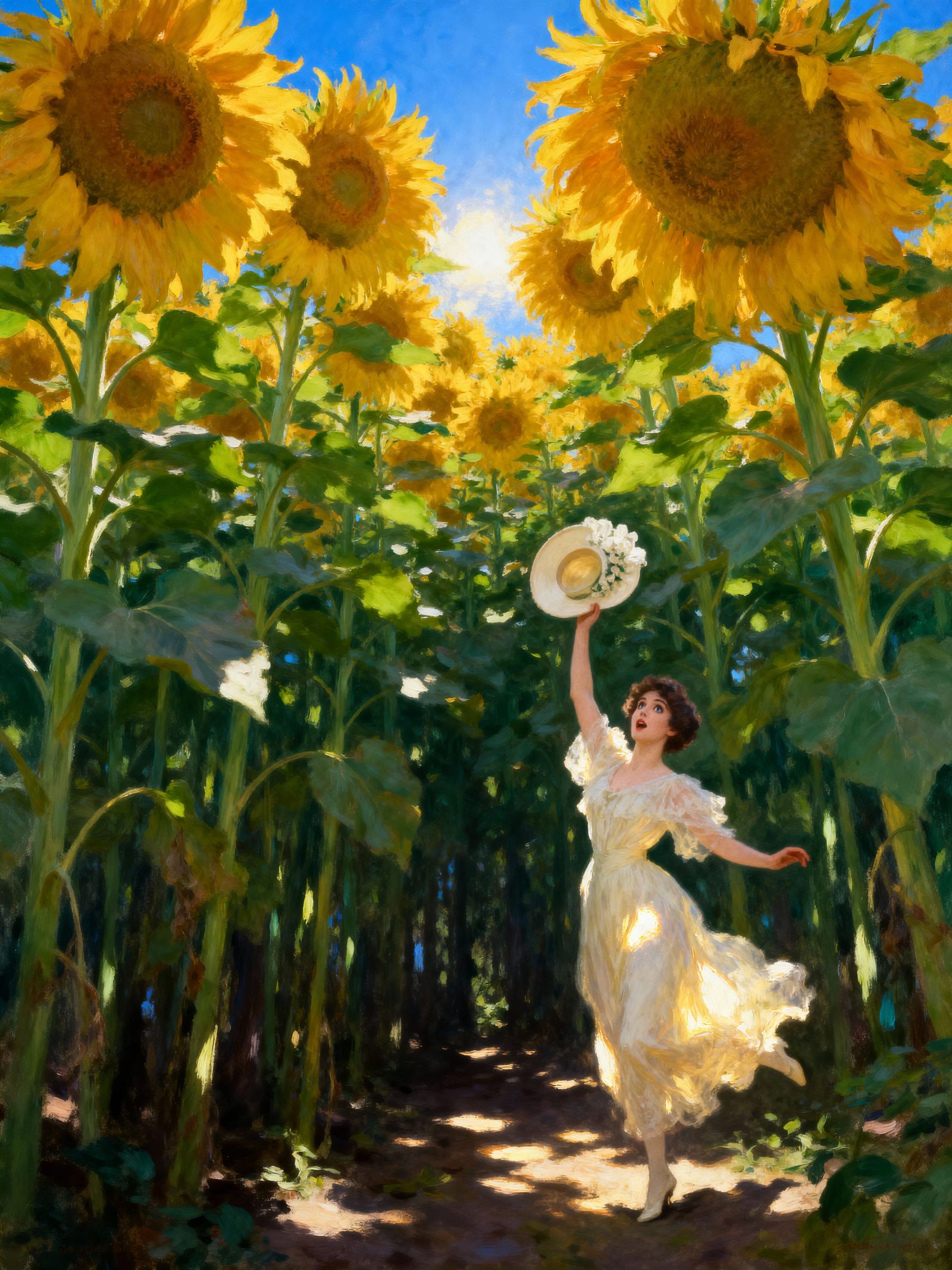 Gibson Girl Dancing Amidst Giant Sunflowers in Impressionist...