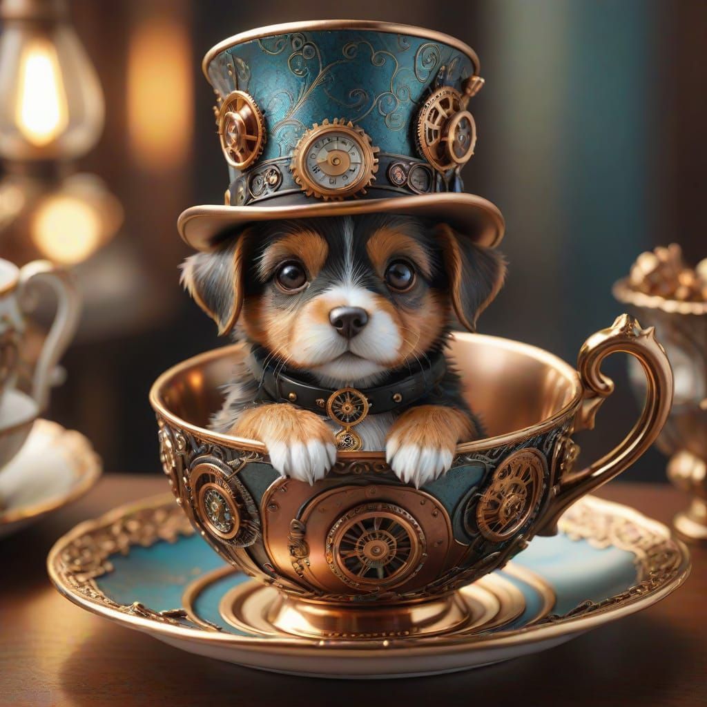 Steampunk Puppy in Whimsical Teacup Setting