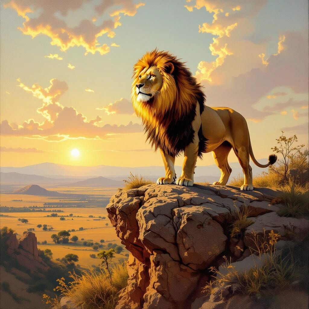 Lion with Fiery Mane Overlooking Savanna, Oil Painting
