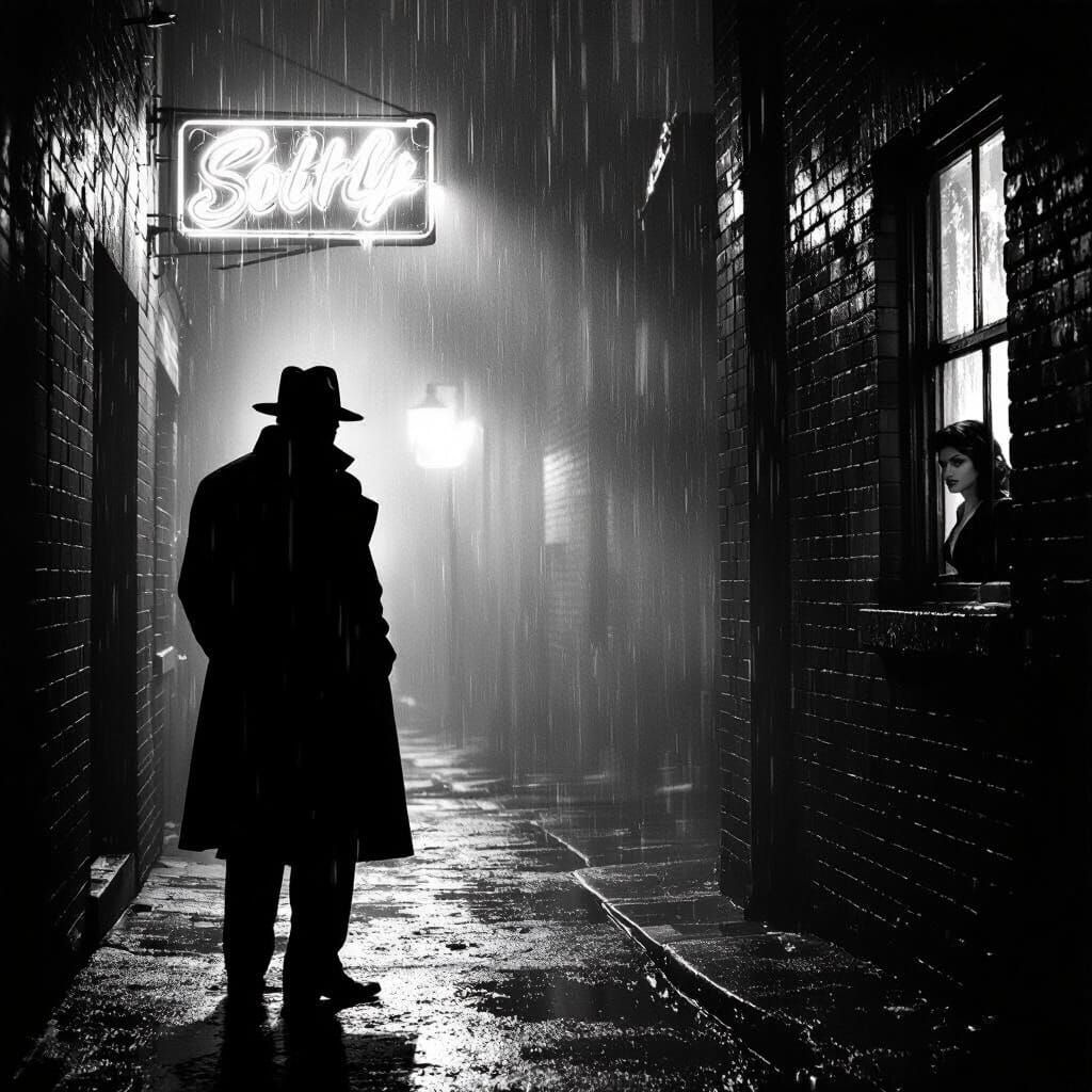 Comic noir style. Medium shot. A lone detective stands in a ...